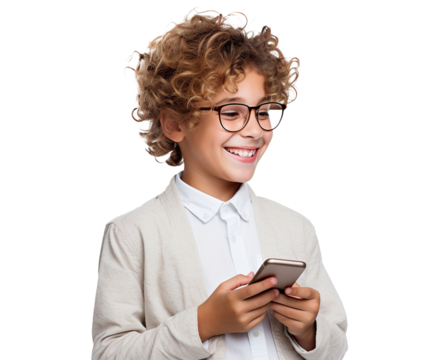 Happy young boy holding cellphone, cut out
