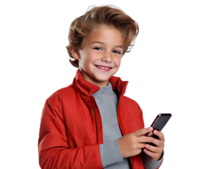 Happy young boy holding cellphone, cut out