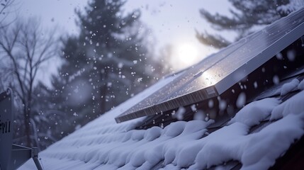 Gentle snowfall blankets a rooftop solar panel during a serene winter sunset, highlighting the intersection of renewable energy and seasonal change.