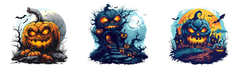 Halloween vector art set with pumpkins and ghosts. design for t shirt, isolated on transparent png - Powered by Adobe