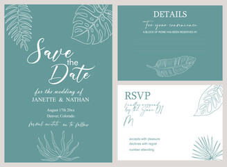 Elegant Wedding Invitation, Save the Date template. Minimalist botanical Wedding invitation card with tropical leaves and branches line art drawing. Vector illustration in modern turquoise teal colors