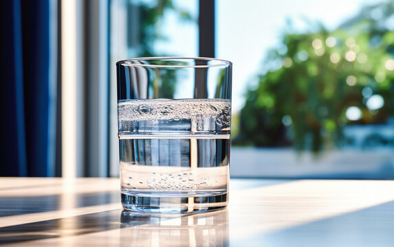 Fresh Drinking Water in a Glass, Pure and Clean Beverage Concept, Summer Refreshment on a Wooden Table