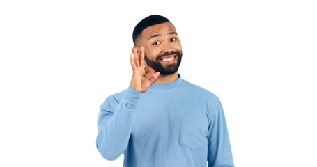 Man, portrait and OK hand sign, review or feedback with emoji, yes or like with opinion on transparent png. Agreement, smile and model with vote in studio, success and support with excellence