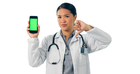 Doctor, thumbs down and phone green screen for healthcare mistake, bad results and nope. Portrait...