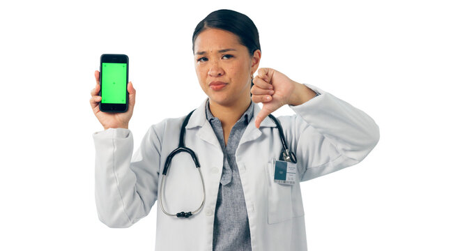 Doctor, thumbs down and phone green screen for healthcare mistake, bad results and nope. Portrait of medical woman with mobile and wrong, fail or dislike isolated on transparent png background - Powered by Adobe