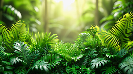 Serene Green Forest, Sunlight Shining Through Dense Foliage, Exploring the Beauty of Nature