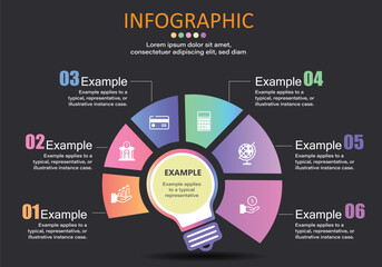 Vector infographic placed on a black gray background. There is a light in the center and a circular text box around 6 steps, 6 modern style ideas for presenting plans easily and more understandably.