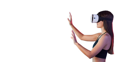 Woman, hands and goggles or virtual reality in metaverse or online exercise or futuristic, innovation or simulation. Female person, headset and isolated transparent png background, workout or sport