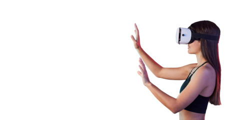 Woman, hands and goggles or virtual reality in metaverse or online exercise or futuristic, innovation or simulation. Female person, headset and isolated transparent png background, workout or sport