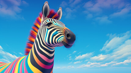 Fototapeta premium A colorful zebra standing in front of a blue sky.
