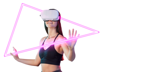 Woman, goggles and virtual reality with hologram for futuristic gaming or metaverse, innovation or simulation. Female person, headset and isolated transparent png background, technology or fantasy
