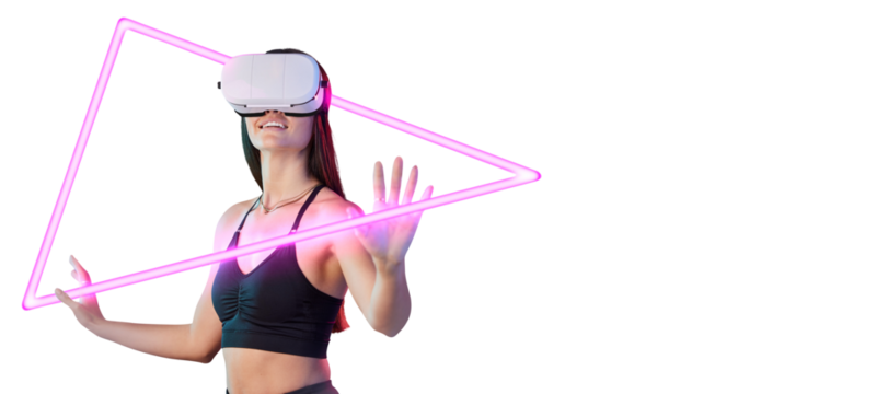 Woman, goggles and virtual reality with hologram for futuristic gaming or metaverse, innovation or simulation. Female person, headset and isolated transparent png background, technology or fantasy