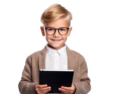Happy young boy holding tablet, cut out