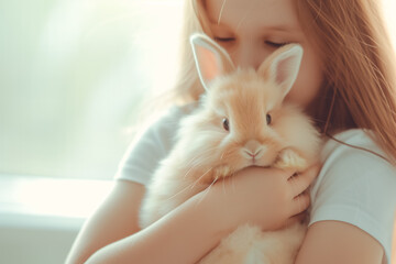 cute little girl holds and hugs fluffy rabbit in arms at home. domestic animals. Easter bunny - obrazy, fototapety, plakaty