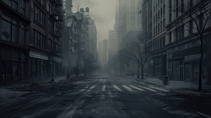 Dark foggy abandoned city with glowing light, crime dark background..