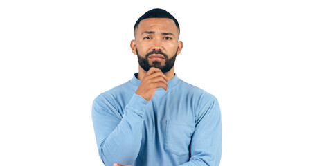 Thinking, face and confused man with brainstorming, ask or guess isolated on png background. Transparent, portrait and male model with questions, why or unsure body language, emoji or solution