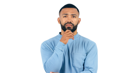 Thinking, face and confused man with brainstorming, ask or guess isolated on png background. Transparent, portrait and male model with questions, why or unsure body language, emoji or solution