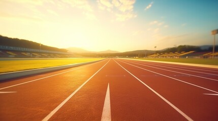 Running track, smooth surface ready runners or athletic track with beautiful sunset view for sport concept background. - obrazy, fototapety, plakaty