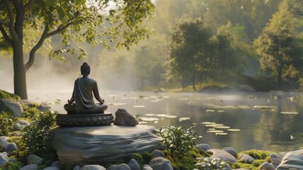 Buddha Statue Overlooking Misty Lake - A contemplative Buddha statue sits in harmony with nature, against the backdrop of a misty lake and gentle foliage.