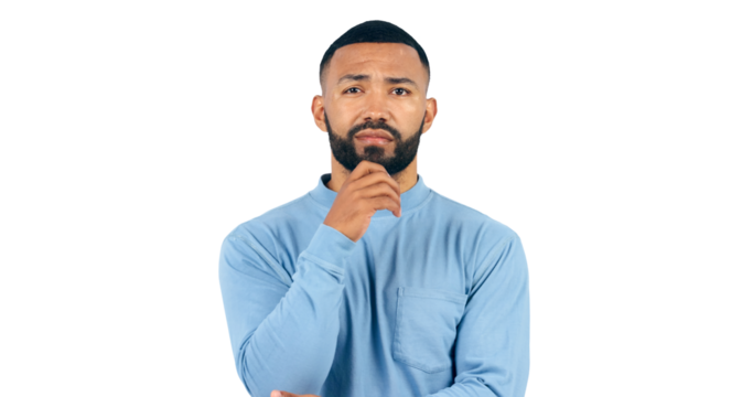 Thinking, face and confused man with brainstorming, ask or guess isolated on png background. Transparent, portrait and male model with questions, why or unsure body language, emoji or solution