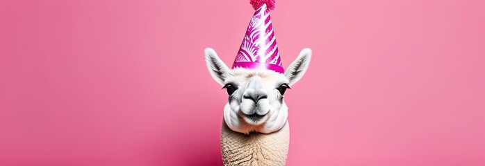 funny lama in a party hat. full length, April Fool's Day, on a pink background, banner, place for text