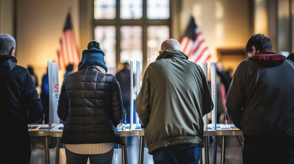 US presidential election campaign rally voting polling politics running debate miniature figures concept republican democrat party economy America state gerrymander district - obrazy, fototapety, plakaty