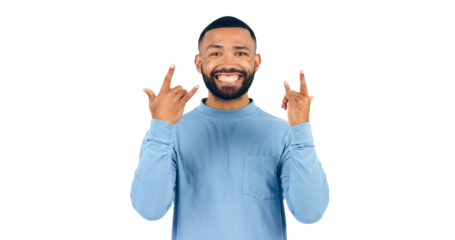 Happy man, portrait and rocker while excited for fun, crazy and party celebration for love of music. Model, face and positive with punk gesture for energy and isolated on a transparent png background