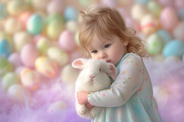 Fototapeta na wymiar cute little girl holds and hugs fluffy rabbit in arms on Easter decor background. Easter bunny