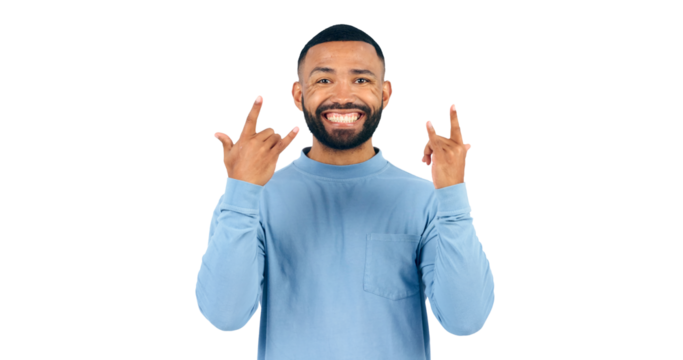 Happy man, portrait and rocker while excited for fun, crazy and party celebration for love of music. Model, face and positive with punk gesture for energy and isolated on a transparent png background
