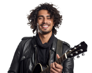 Cheerful young man with wavy hair holds and plays an acoustic guitar, looking relaxed and happy, cut out