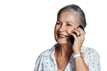 Mature woman, phone call and discussion in conversation, talking and speaking on technology. Senior female person, internet and contact for chat, happy and isolated on transparent png background