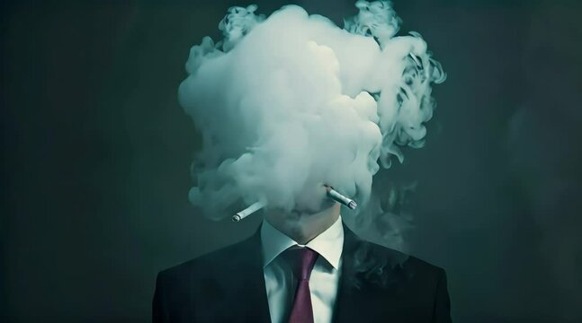 Male businessman wearing suit with tie with head full of smoke clouds and two cigarettes (mov) made with Ai generative technology