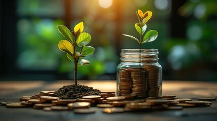 Business Finance and Money concept, Save money, Plant Growing, Investing and Business concept, Stack of coins and small trees copy space, morning sunlight - obrazy, fototapety, plakaty