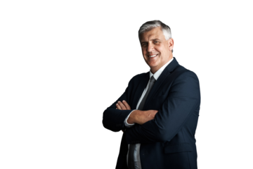 Mature, businessman and arms crossed in portrait in corporate fashion and confident in formal suit. Senior manager, happy face or pride in professional style or isolated on transparent png background