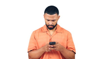 Man, reading or confused by cellphone for fake news, notification or online subscription for mobile game. Model, worry or error with password glitch or 404 or isolated on transparent png background