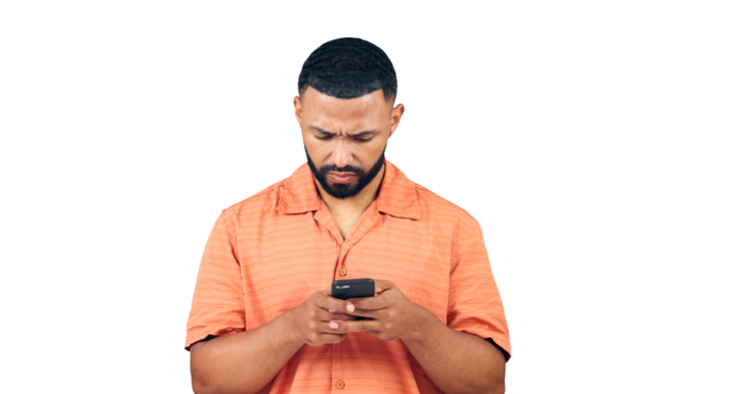 Man, reading or confused by cellphone for fake news, notification or online subscription for mobile game. Model, worry or error with password glitch or 404 or isolated on transparent png background