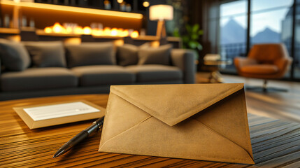 Blank Letter Envelope on Wooden Background, Ready for Your Message, Inviting and Elegant Design Concept