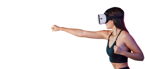 Woman, boxing and goggles for virtual reality or futuristic exercise with innovation, online or tech. Female person, punch and metaverse gym or isolated transparent png background, workout or cardio