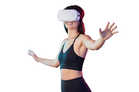 Woman, fitness and virtual reality for metaverse gamer for futuristic simulation, workout or innovation. Female person, hands and headset on isolated transparent png background, software or exercise