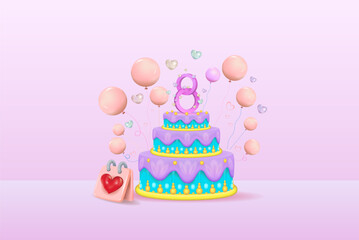 Banner for International Women's Day and congratulations on the holiday.
Greeting poster with cake and balloons, 3d vector image. Copy space