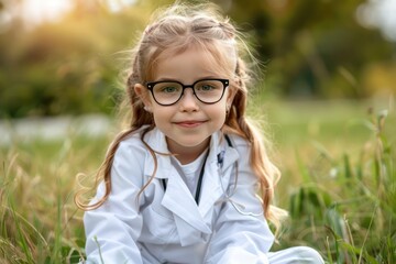 Happy cute little preschooler girl in white medical uniform and glasses act like doctor - obrazy, fototapety, plakaty