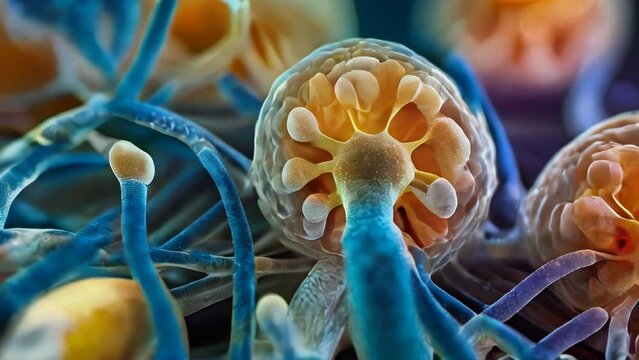 Microscopic observation of pollen cells showing fine structure, diversity of colors

