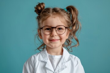 Happy cute little preschooler girl in white medical uniform and glasses act like doctor
