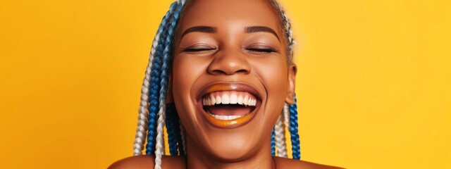 Portrait of laughing african american woman on yellow background