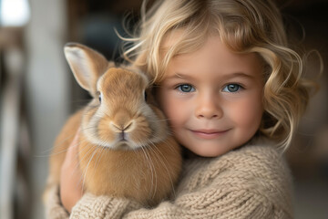cute child holds and hugs fluffy rabbit in arms at home. domestic animals. Easter bunny