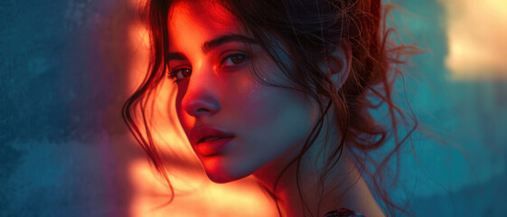 Sunset light falling through the blinds on the face of beautiful girl. sensual young woman in shadow