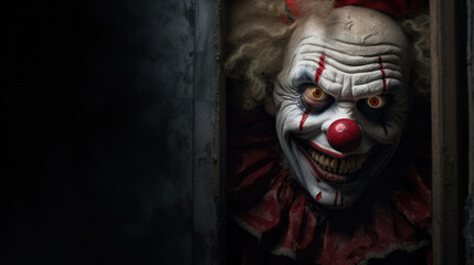scary clown, in the shadows, looking eerily at the camera from behind an abstract wall