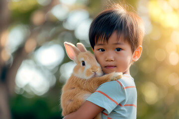 cute Chinese little boy holds and hugs fluffy rabbit in arms outdoor. domestic animals. Easter bunny