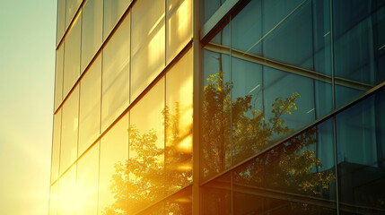 The sharp angles of a modern office building are softened by the gentle colors of a sunrise.