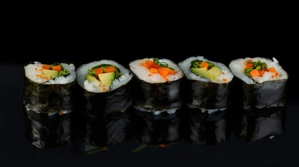 Sushi Delight Black Background - Exquisite sushi pieces are set against a black background, emphasizing the vibrant colors and textures of the ingredients.
